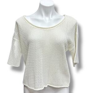 Y2K Sweater Open Knit White Rolled Hem Boxy Retro Festival Coastal Summer Sz XL